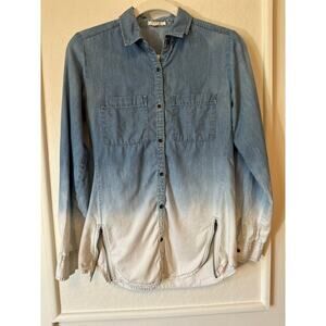 Maurices Ombre Chambray Denim Shirt Blue White Dip Dye Zip Hem XS
